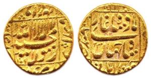 Shah Jahan I, Gold, Mohur, Burhanpur Mint, AH 1068/2, mint name in the lower margin on rev