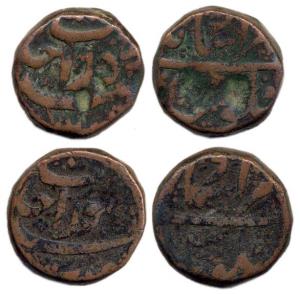 Murad Baksh, Copper (2), Dam, Surat Mint, RY Ahad. Uncleaned, first has dents otherwise Fi
