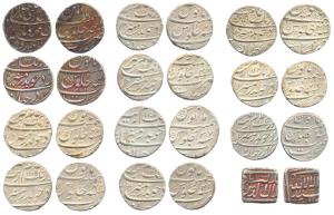 Assorted lot of Silver (12), Rupees, Jahandar Shah (1), Akbar (1), and Aurangzeb (10). Var