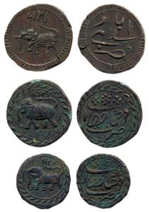 Tipu Sultan, Copper (3), Paisa (2), Farrukhyab Hissar and Salamabad Mints; ½ Paisa, Farruk