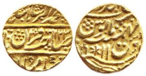 Randhir Singh3/8 Brajinderpur Mint, Gold, Mohur, in the name of Muhammad Akbar II, AH 123x