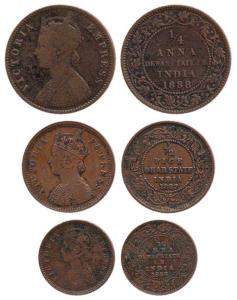 Dhar, Dewas Senior Branch & Junior Branch, Regal issues, Copper (3), ½ Pice, 1887 (KM 12);