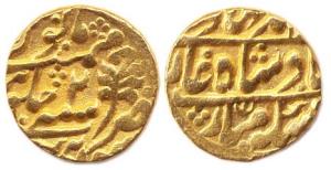 Gold, Mohur, in the name of Bahadur Shah II, RY 2, Sawai Jaipur Mint (date not in KM, # 55