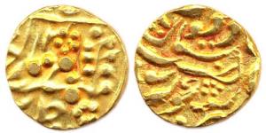 Gold, Mohur, crude Jaipur legend type, Malka-i-Muazzama on obv and Maharajadhiraj on rev t