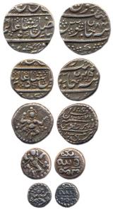 Silver (6), Set of 5 coins: 1/4, ½ and Rupee, Pavali, Mahisur Mint; Dancing Krishna type, 