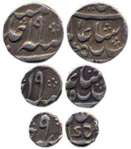 Silver (3), Murshidabad Mint, set of 3: 1/4, 1/8 and 1/16 Rupee, in the name of Shah Alam 