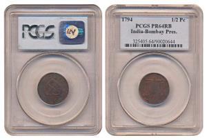 Copper, ½ Pice, milled coinage, 1794 (KM# 192). Sealed in a plastic case of PCGS. Proof, S