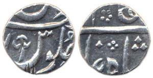 Silver, ½ Rupee, in the name of Shah Alam II, mint off flan but probably Surat with an unu