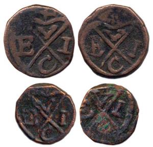 Copper (2), Konkan Paisa and ½ Konkan Paisa. Bell mark of the East India Company on both t