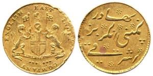 Gold, Mohur 1819 issue, Large letters type (KM# 421.2). Edge damaged probably ex-mount.