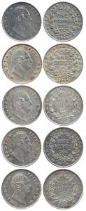 William IV, Silver (5), Rupee, set of 5 pcs, F raised, F incused, RS incused, Plain & RS i