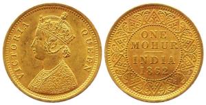 Victoria Queen, Gold, Mohur, 1862. One small dent on the edge otherwise About Extremely Fi