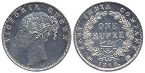 Victoria Queen, Silver, Rupee, 1840, Continuous legend type. Impaired Proof, Rare.