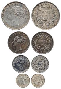 Victoria Queen, Silver (4), Rupee, 1/2, 1/4, 1/8 Rupee, 1840, continuous legend type. Abou