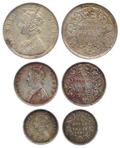 Victoria Queen, Silver (4), Rupee, 1/2, 1/4, 1/8 Rupee, 1862 AD. About Very Fine. (4)