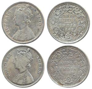 Victoria Queen, Silver (2), Dot-Rupees of 1862: 1 Dot above and 2 dots below; 1 Dot above 