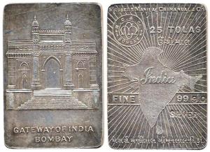 Silver Biscuit, 25 Tolas, 291.40 g, issued by Manilal Chimanlal & Co, 999.0 Fineness. Very