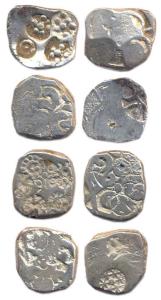 Punch-marked Coins, Kosala Janapada, Silver (4), ½ Karshapana, geometrical marks with larg