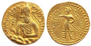 Kushanas, Huvishka, Gold, Dinar, King seated on clouds holding a mace in right hand and an