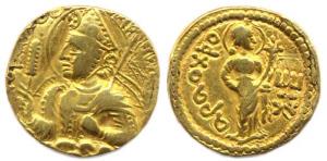 Kushanas, Huvishka, Gold, Dinar, (7.66 g), Huvishka seated on clouds with mace on obv; God