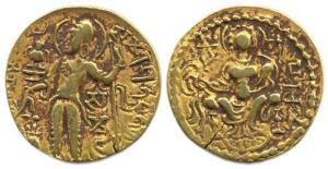 Samudragupta (c. AD 335-380), Gold, Dinar (7.6 g), Standard type, Samudra below arm of kin