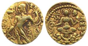 Chandragupta II (c. AD 380-414), Gold, Dinar (7.78 g), Archer type, Chandra below arm of k