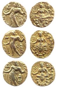 Guptas, Chandragupta II, Gold (3), Dinar, Archer type, King holding a bow on obv and Godde