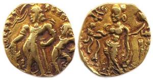 Guptas, Chandragupta II, Gold, Dinar, Chhatra type, King standing to left, offering at an 
