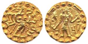 Samtatta (Mainamati) of Bengal, Gold, Pru on obv below the arm of the Archer on obv; Godde