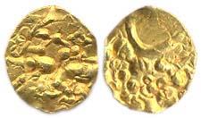 Hoysala, Gold, Fanam (0.39 g), obv: lion and curved line, rev: standing Vishnu. Large size