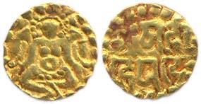 Kalachuris of Tripuri, Gangeya Deva, Gold, ¼ Dinar (1.01 g), obv : seated goddess, rev Nag