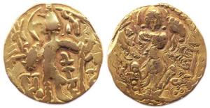 Karkotakas of Kashmir, Gold, Dinar, Kidara Kushana type, standing king on obv, Lakshmi on 
