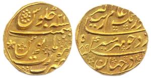 Aurangzeb, Gold, Mohur, Surat Mint, AH xx89/21. Broad flan, About Extremely Fine.