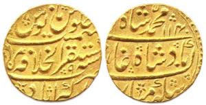 Muhammad Shah, Gold, Mohur, Akbarabad Mint, AH 1140/9. Broad flan, About Extremely Fine, S