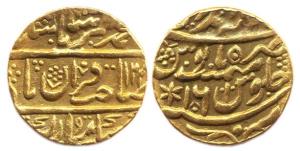 Mahainderpur Mint, Gold, Mohur, in the name of Muhammad Akbar II, sahib-i-qiran type, AH 1