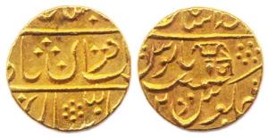 Jankoji Rao (AD 18837-1843), Gold, Mohur, in the name of Muhammad Shah, sahib-i-qiran type