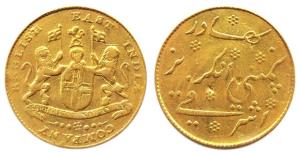 Gold Mohur (Ashrafi), 1819 issue, Crest of the English East India Company on obv, Persian 