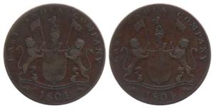 Copper, 2 Pice, 1804, Mule, obverse & reverse same as the obverse of 1804, (cf KM# 323). F