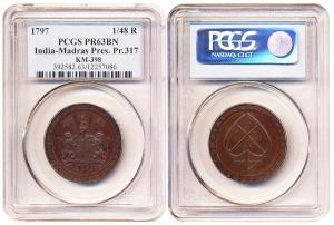 Proof, Dub or 1/48-Rupee, 1797, Soho Mint, obv: UNITED EAST INDIA COMPANY written under co