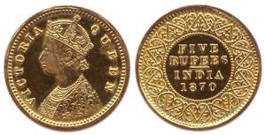 Queen Victoria, Gold, Rupees 10, 1870, Calcutta Mint, 'CM' written in bust, (KM #474), Pro
