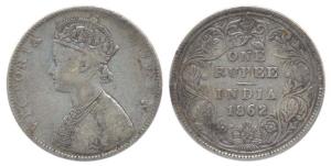 Queen Empress, Silver Rupee, 1862, 5 Panels in shirt, Fine, Rare.
