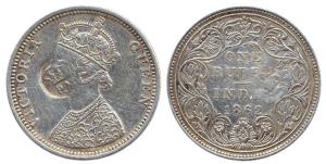 Victoria Queen, Silver, Rupee, 1862, with 1 dot above and 2 dots below, Crown and PM count