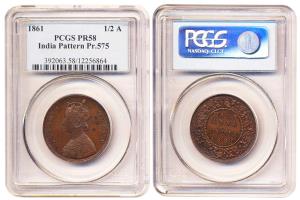 Queen Victoria, Pattern ½ Anna, 1861, in PCGS holder graded PR58. (KM Pn22; Pr 575)