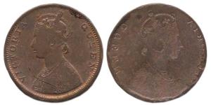 Victoria Queen, Half Anna, brockage (lakhi). Good Fine, Rare.