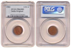 Edward VII, Original Proof 1/12 Anna, 1903, in PCGS holder graded PR63BN, (Proof 63 Brown)