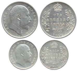 Edward VII, Silver (2), Rupee, 1910 and ½ Rupee, 1910. About Extremely Fine. (2)