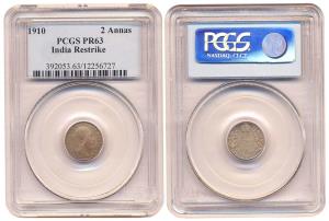 Edward VII, Silver Restrike, Proof 2 Annas, 1910, in PCGS holder graded PR63. (KM 505). Pr