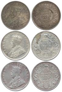 George V, Silver (3), Rupee, years 1911, 1921 and 1922. Very Fine, Scarce. (3)