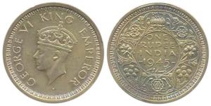 George VI, Silver Rupee, 1945, Large numerical 5 in date on rev, (KM #557.1) Very Fine & V
