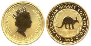 Australia, Gold $25 & $10 - ¼ & 1/10 Ounce respectively, Elizabeth, 1992, total 10.86 gms,